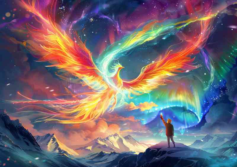 Colorful Phoenix flies in the sky with aurora