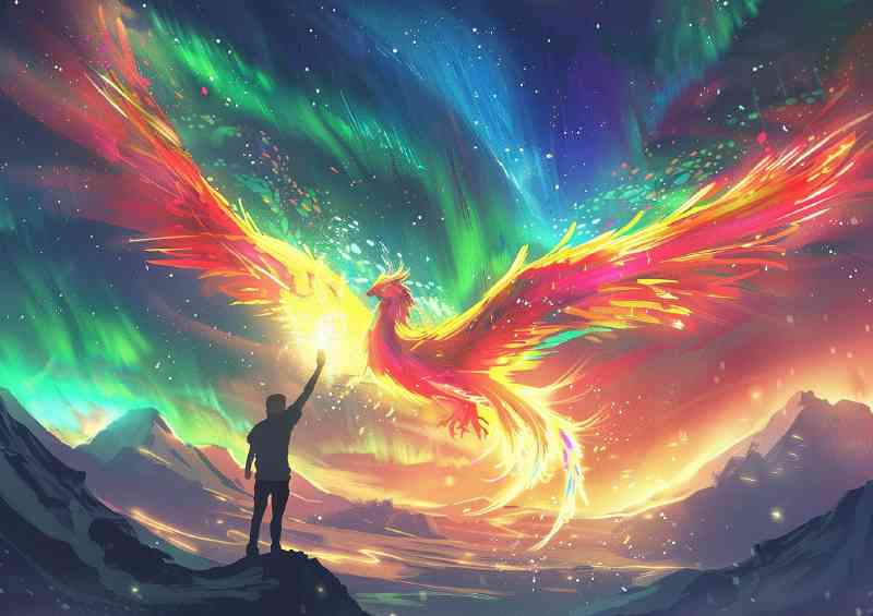 Colorful Phoenix flies in the sky with aurora and mountains