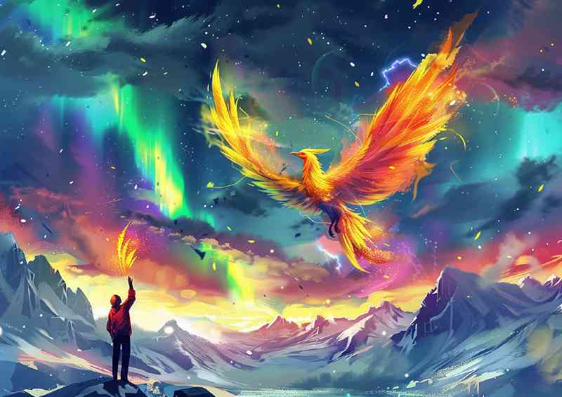 Colorful Phoenix flies in the sky with aurora painted style