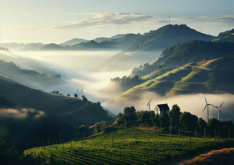 Vineyards and Turbines Enveloped in Mist