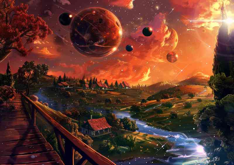 Fantasy landscape with many planets and stars