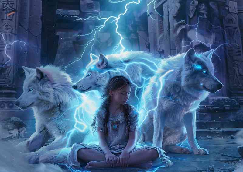 Girl surrounded by three Wolves