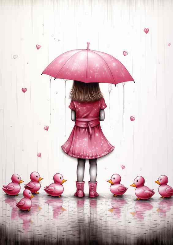 Girl Holding A Pink Umberella With Her Pink Ducks