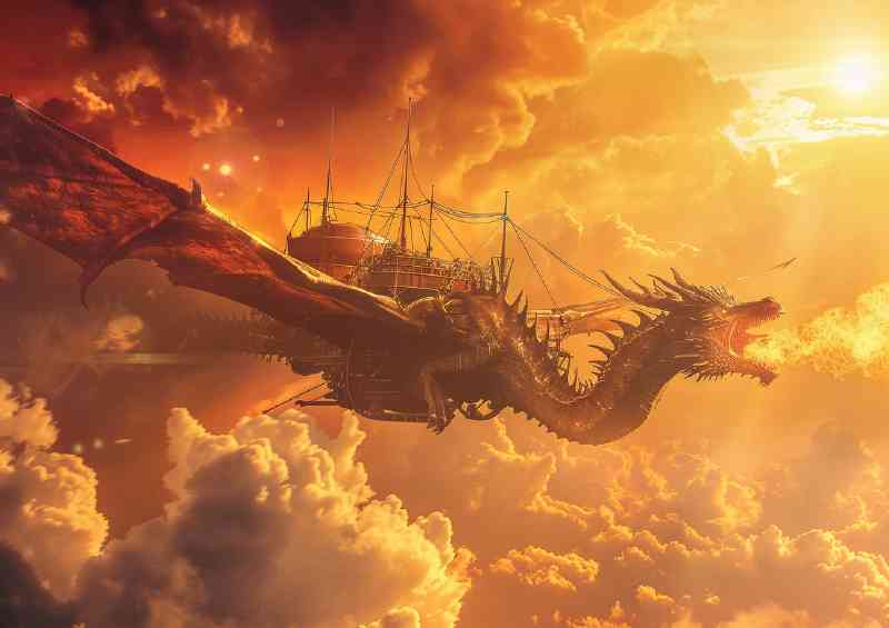 Majestic Dragon soaring through the sky breathing mechanical