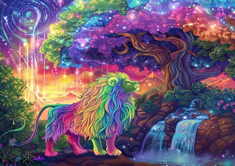 Rainbow Lion in front of an enchanted tree with waterfalls