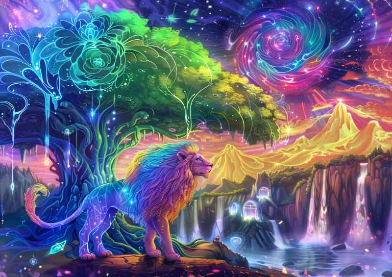 Rainbow Lion in front of an tree waterfalls