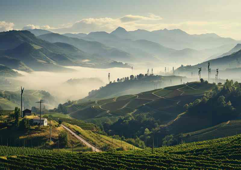 Wind Turbines Amidst Vineyards Morning Fog