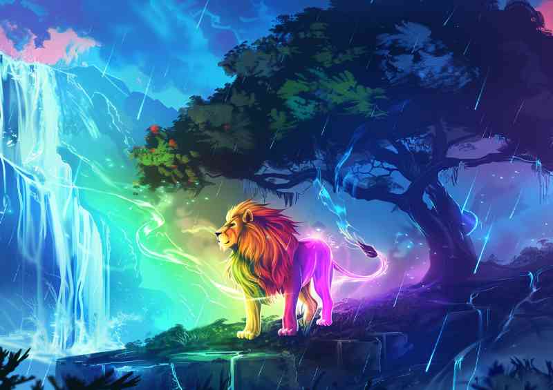Rainbow Lion standing in front of an enchanted tree