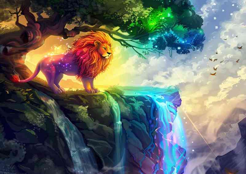 Rainbow Lion standing in front of an enchanted tree waterfall