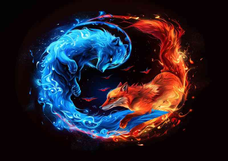 The yin yang symbol with a blue wolf and red fox