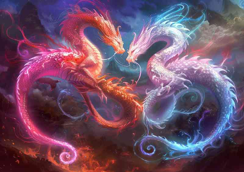 Two majestic Dragons their bodies glowing with vibrancy