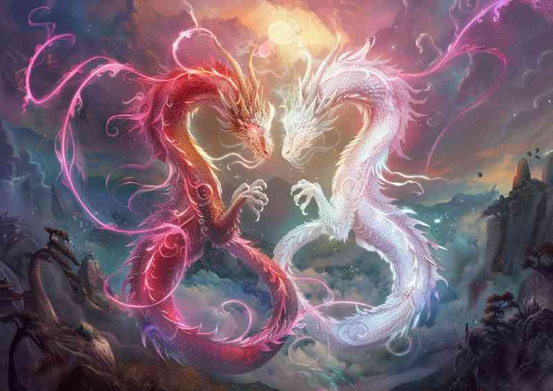 Two majestic Dragons their bodies glowing with vibrant colours