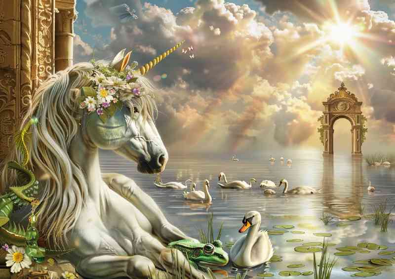 Unicorn with flowers in her mane looking at the water