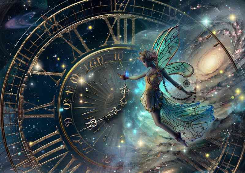 Whimsical scene of an ethereal fairy with world clock