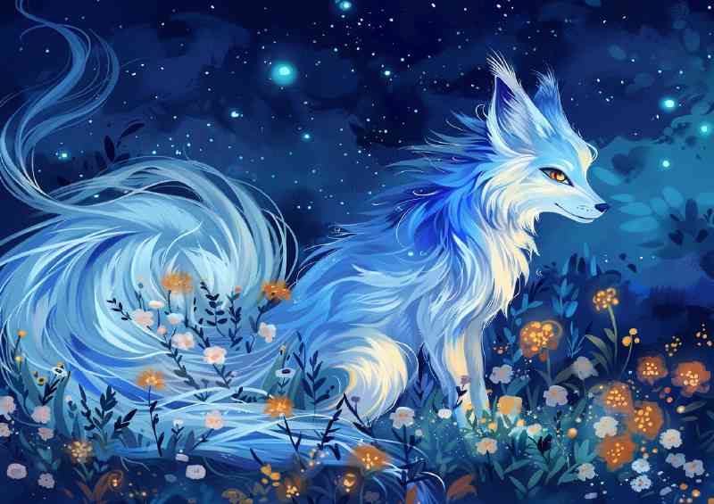 White Fox with long blue fur glowing tail