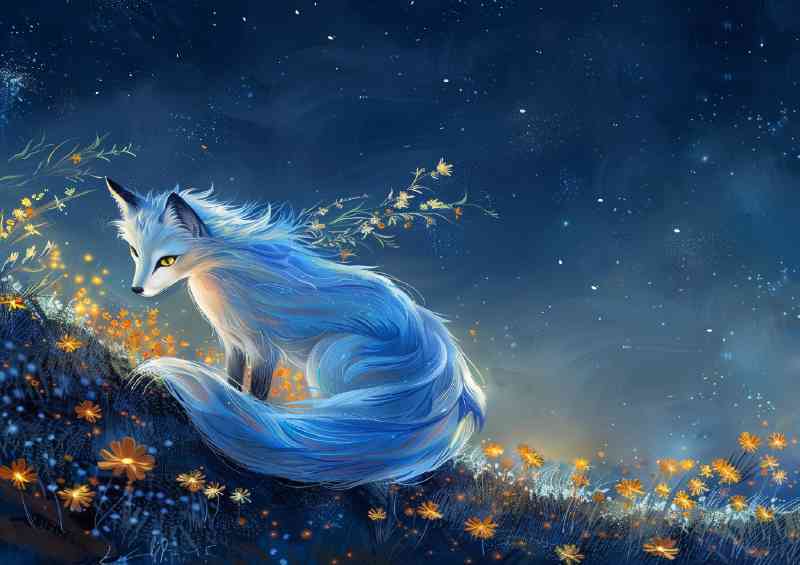 White Fox with long blue fur yellow eyes