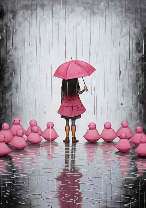 Girl In Pink In The Rain Holding Umberella