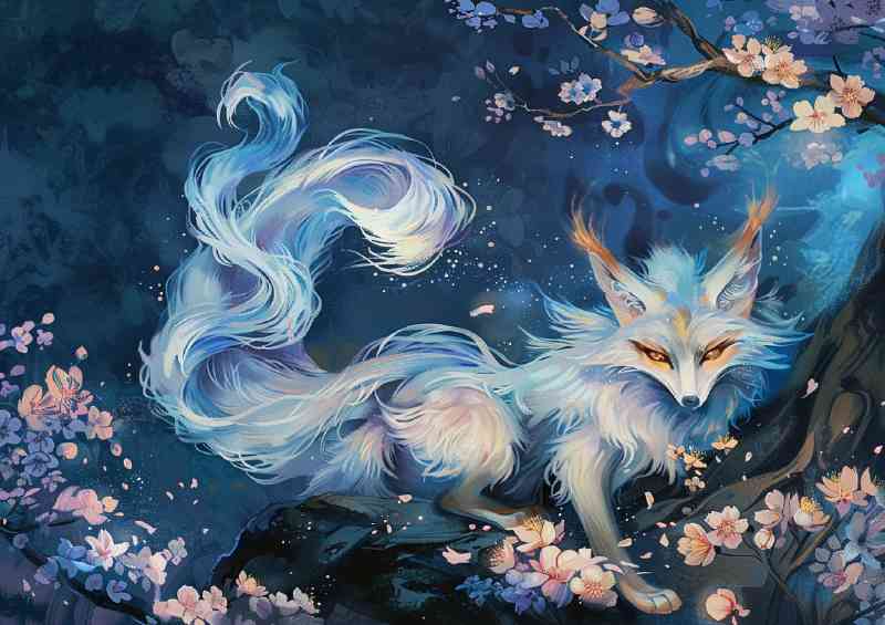 White Fox with nine tails glowing eyes night