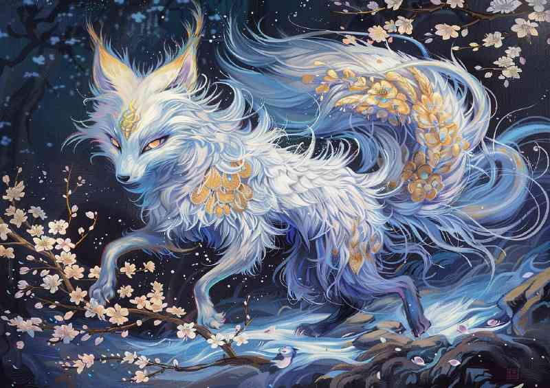 White Fox with nine tails glowing eyes sky