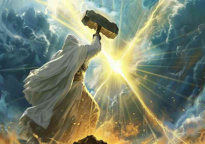 White robed figure is holding an enormous hammer