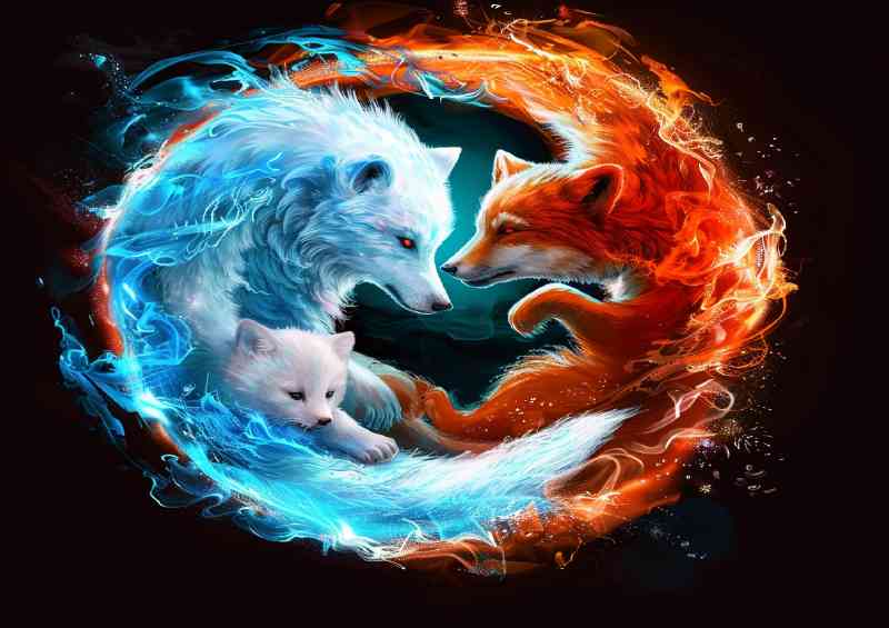 Yin Yang blue wolf and red fox and polar bear