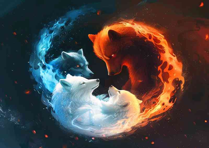 Yin Yang blue wolf and red polar bear