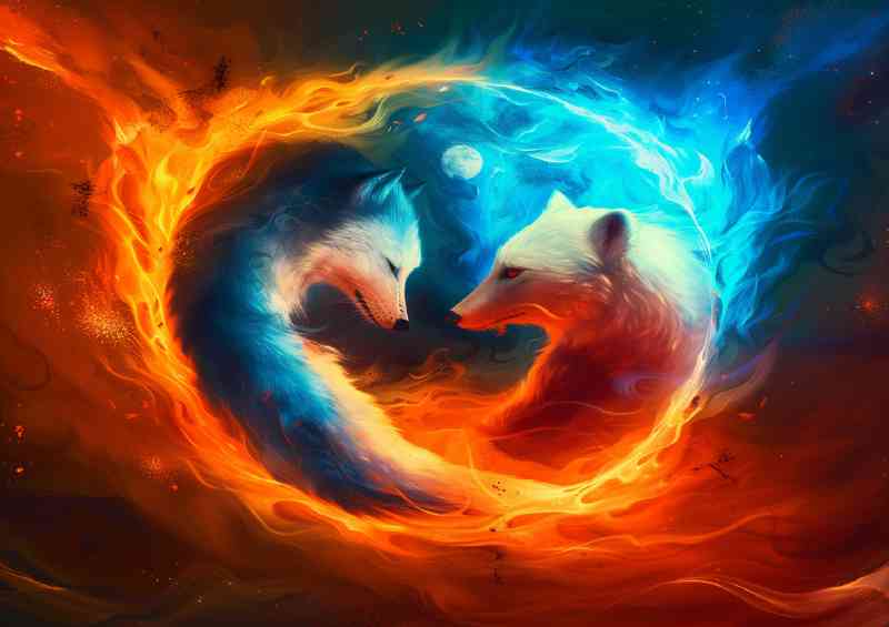 Yin Yang symbol blue wolf and red polar bear