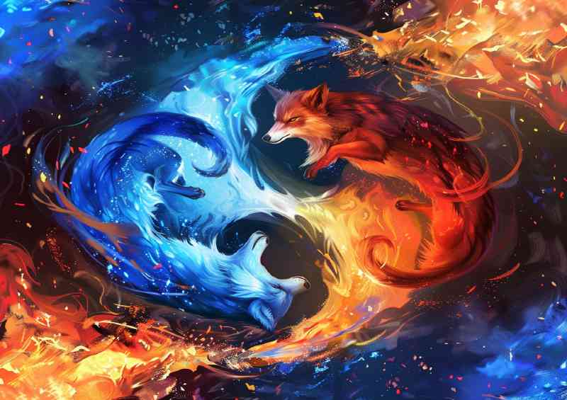 Yin yang symbol with a blue wolf and red floating
