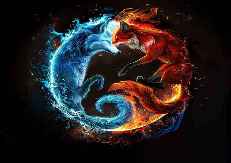 Yin yang symbol with a blue wolf and red fox