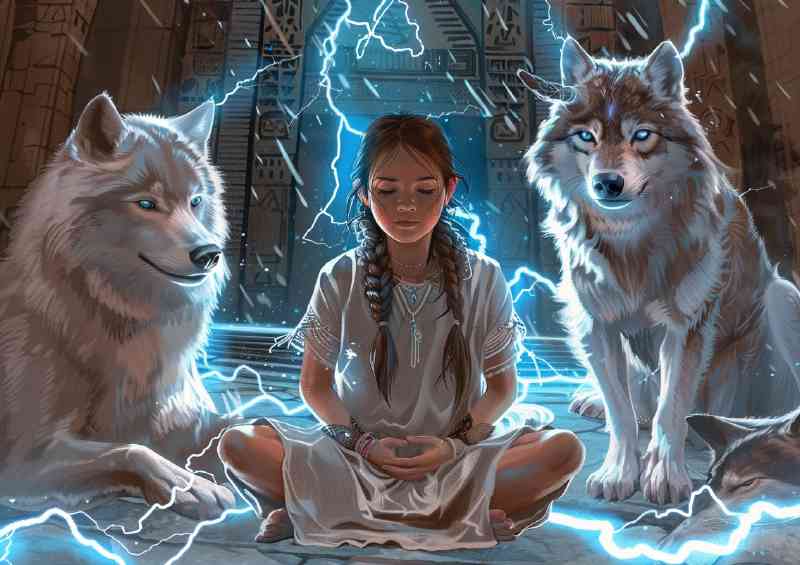 Young girl surrounded by wolves