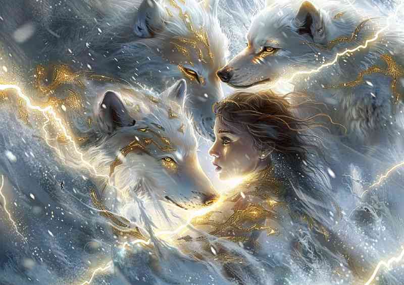 young girl three white wolves