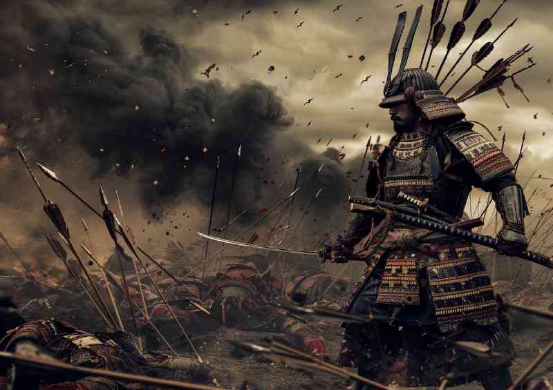 Ancient Japanese warrior in full armor on the field | Metal Poster
