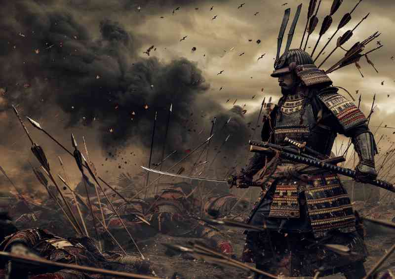 Ancient Japanese warrior in full armor on the field