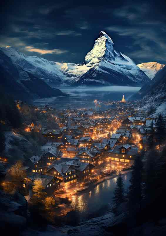 Artistic View of Zurich and Matterhorn
