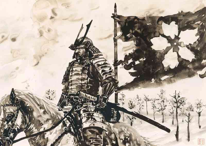 Japanese an armored Samurai on Horse poster art