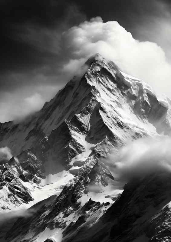 Black And White Mountain Top With Mist