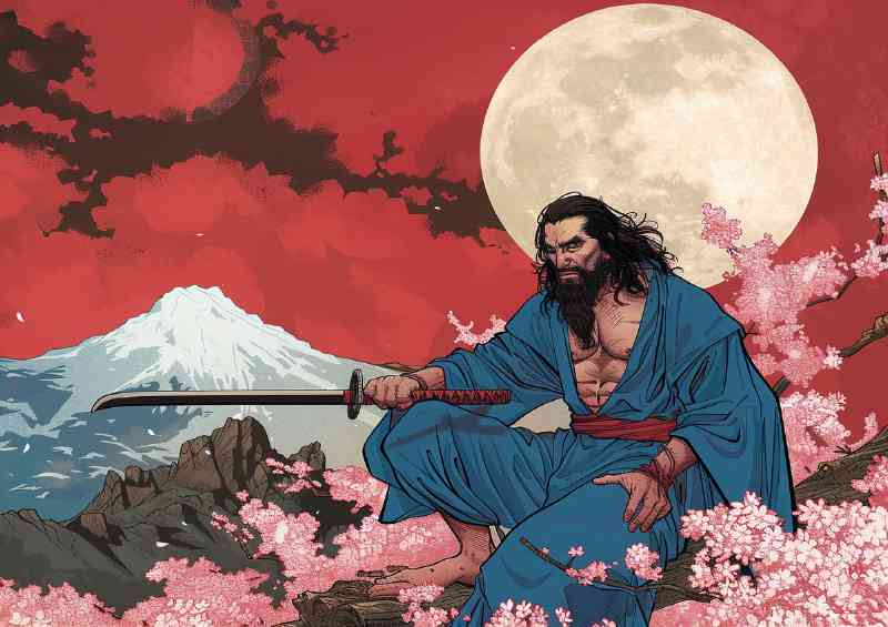 Muscular Samurai man with long black hair and beard