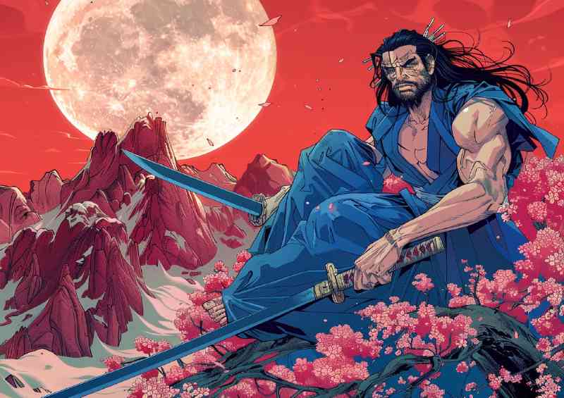 Muscular man with long black hair and beard Samurai