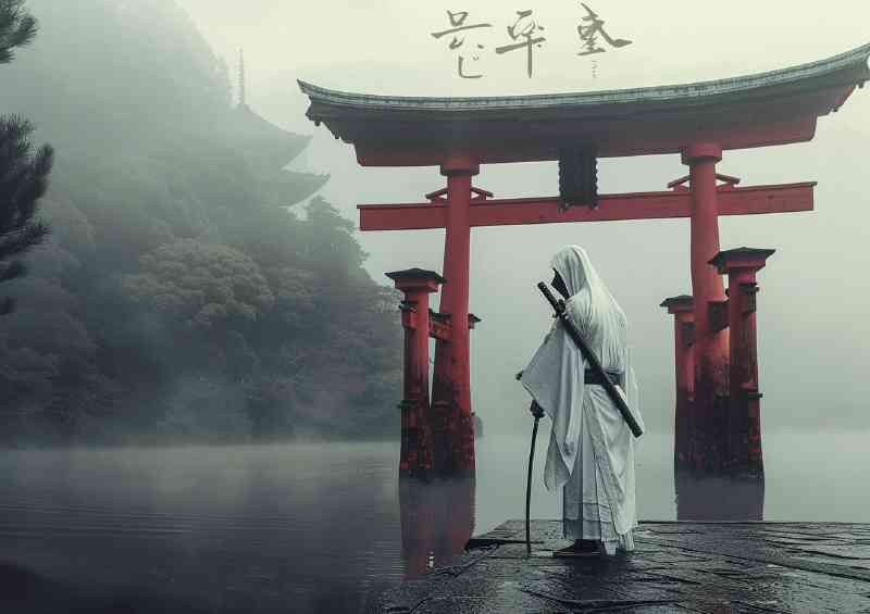 Old samurai in white robes trianing at tori gate