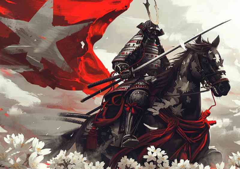 Samurai in full armor on horseback