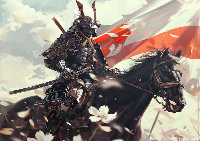 Samurai in full armor on horseback Japanese flag