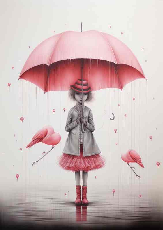 Girl With A Pink Umberella With Pink Hearts For Love
