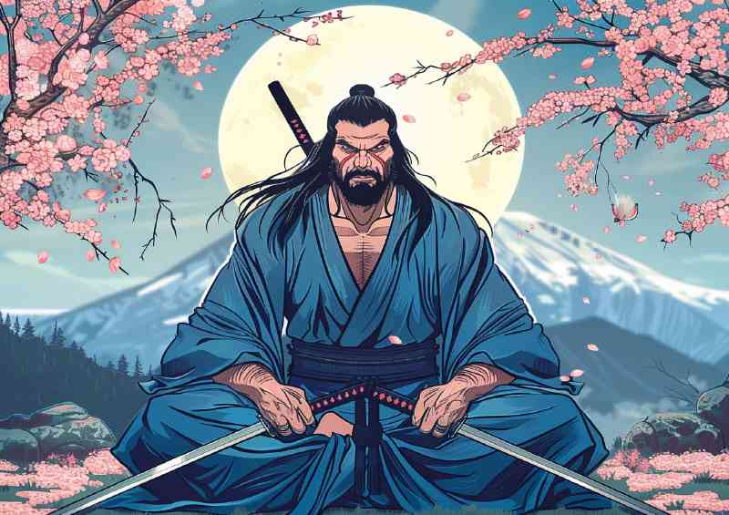 Samurai man with long black hair and beard art