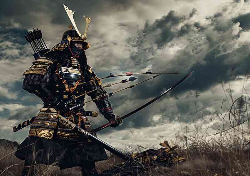 Samurai wearing full armor and holding an arrow