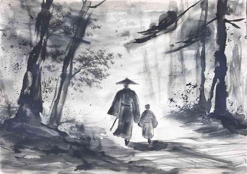 Samurai with his child walking