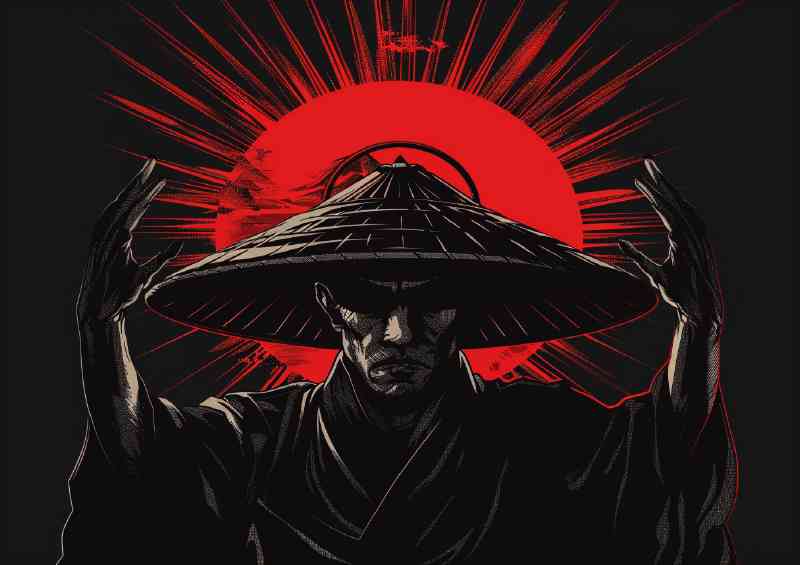 Samurai with his hat on is holding up the red sun