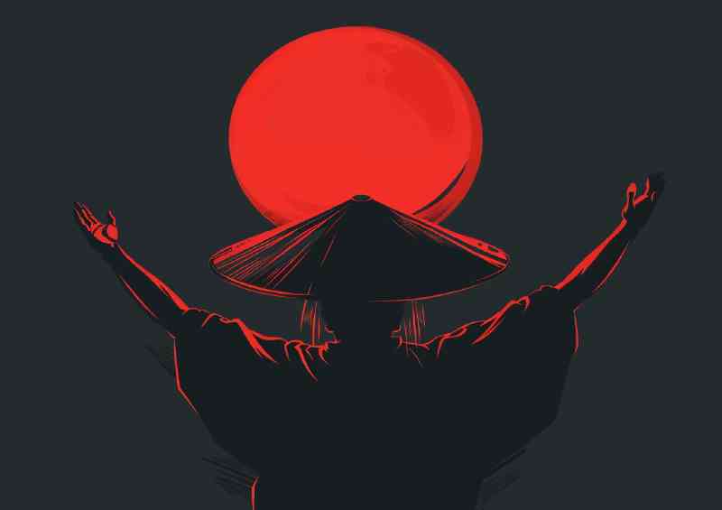 Samurai with his hat on looking at red sun