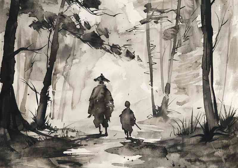 Samurai with his son walking in the forest