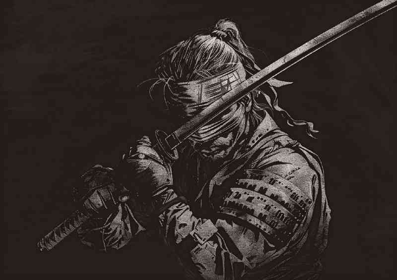 Samurai with his sword blindfolded training poster art