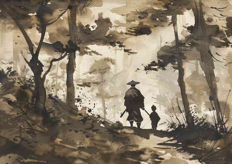 samurai and son in the forest